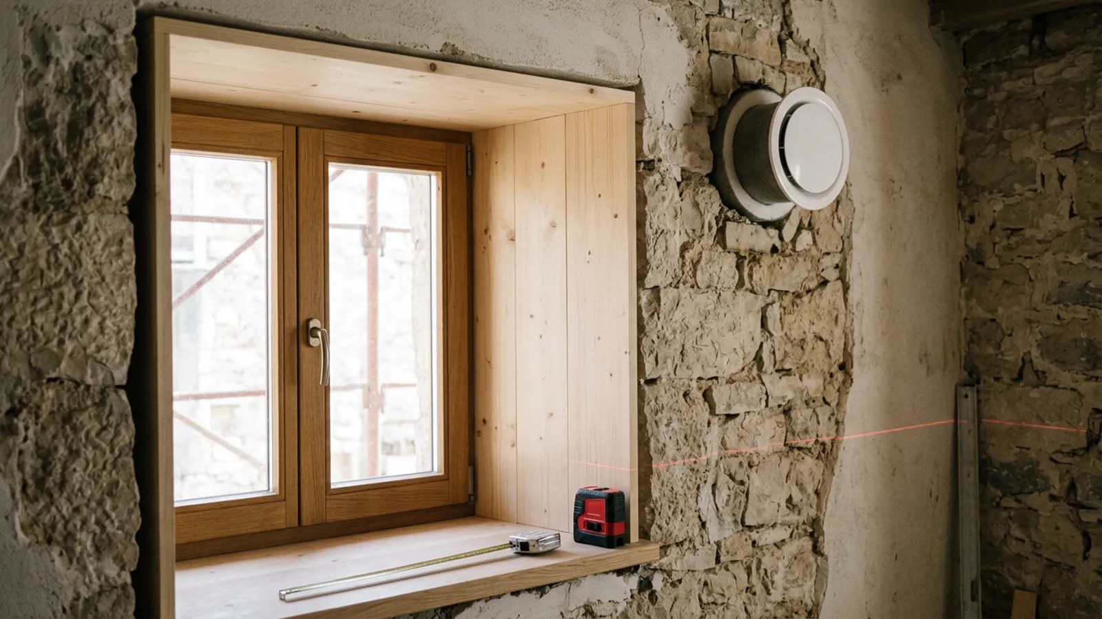 Stone house new windows ventilation croatia — a clean unbranded decentralized ventilation wall sleeve and grille installed…