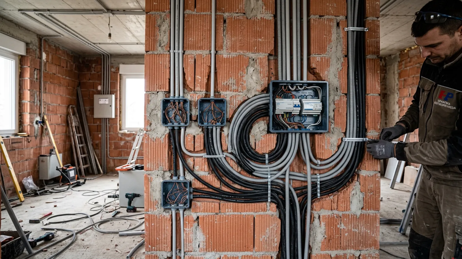 Pametna kuca elektroinstalacije adaptacija stana — elektricar postavlja kabele i cijevi u duboke kutije tijekom adaptacije…