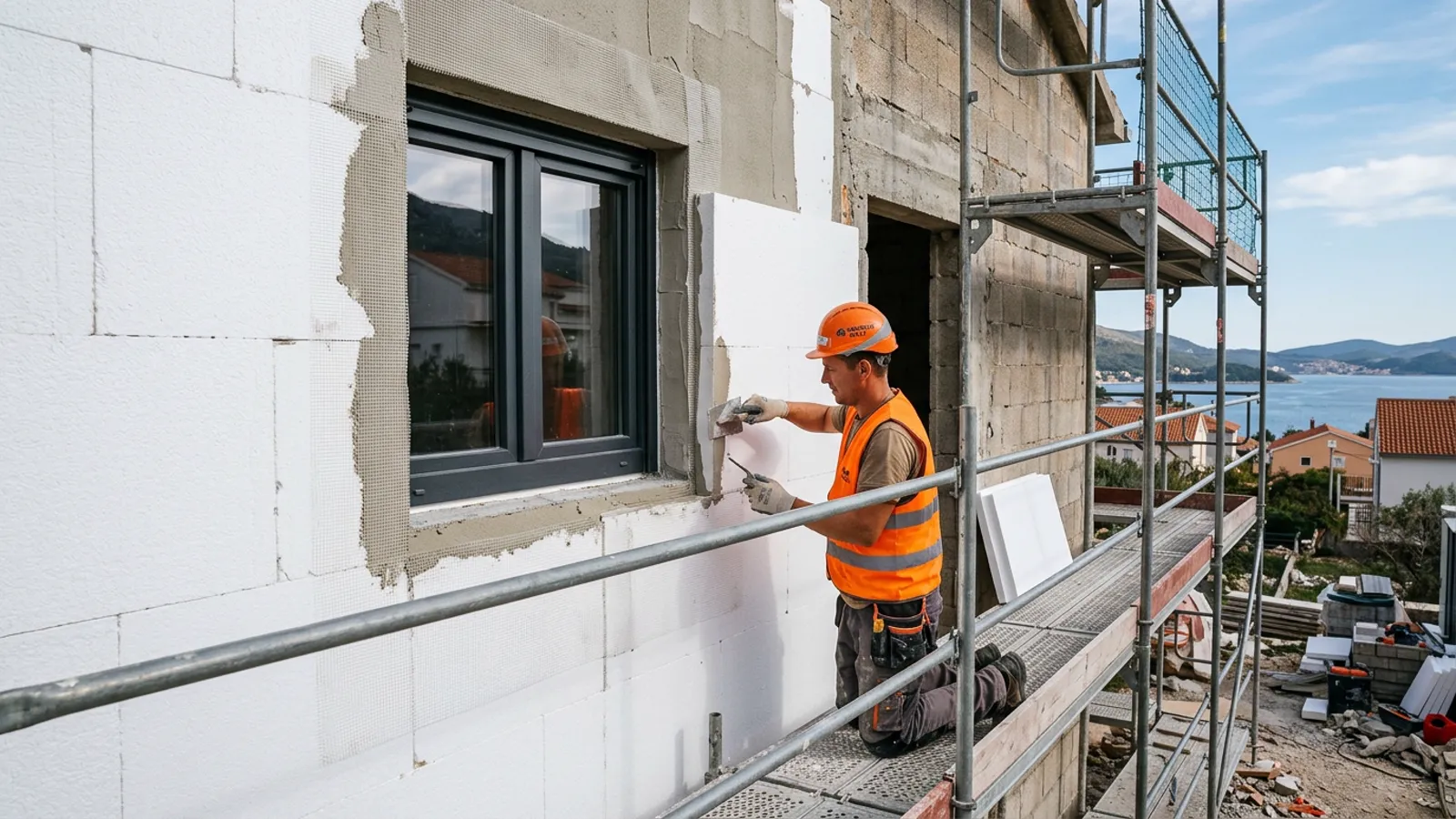 Facade insulation checks house construction — construction worker applying adhesive to ETICS facade insulation panels on a…