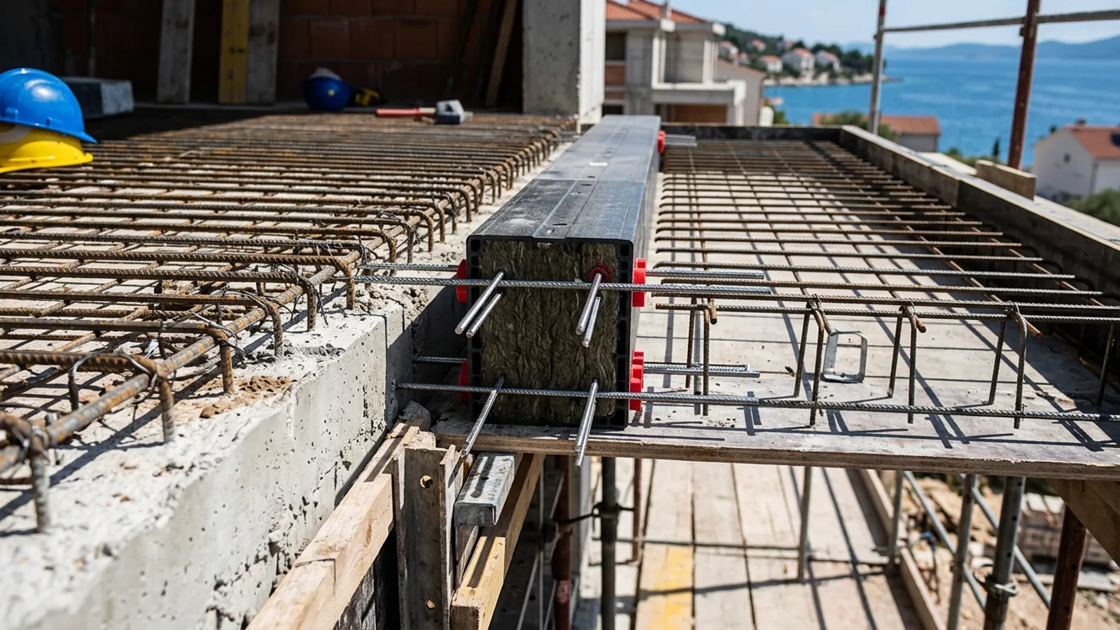 Balcony thermal break installation — structural thermal break element installed before concrete pouring on a Croatian balcony