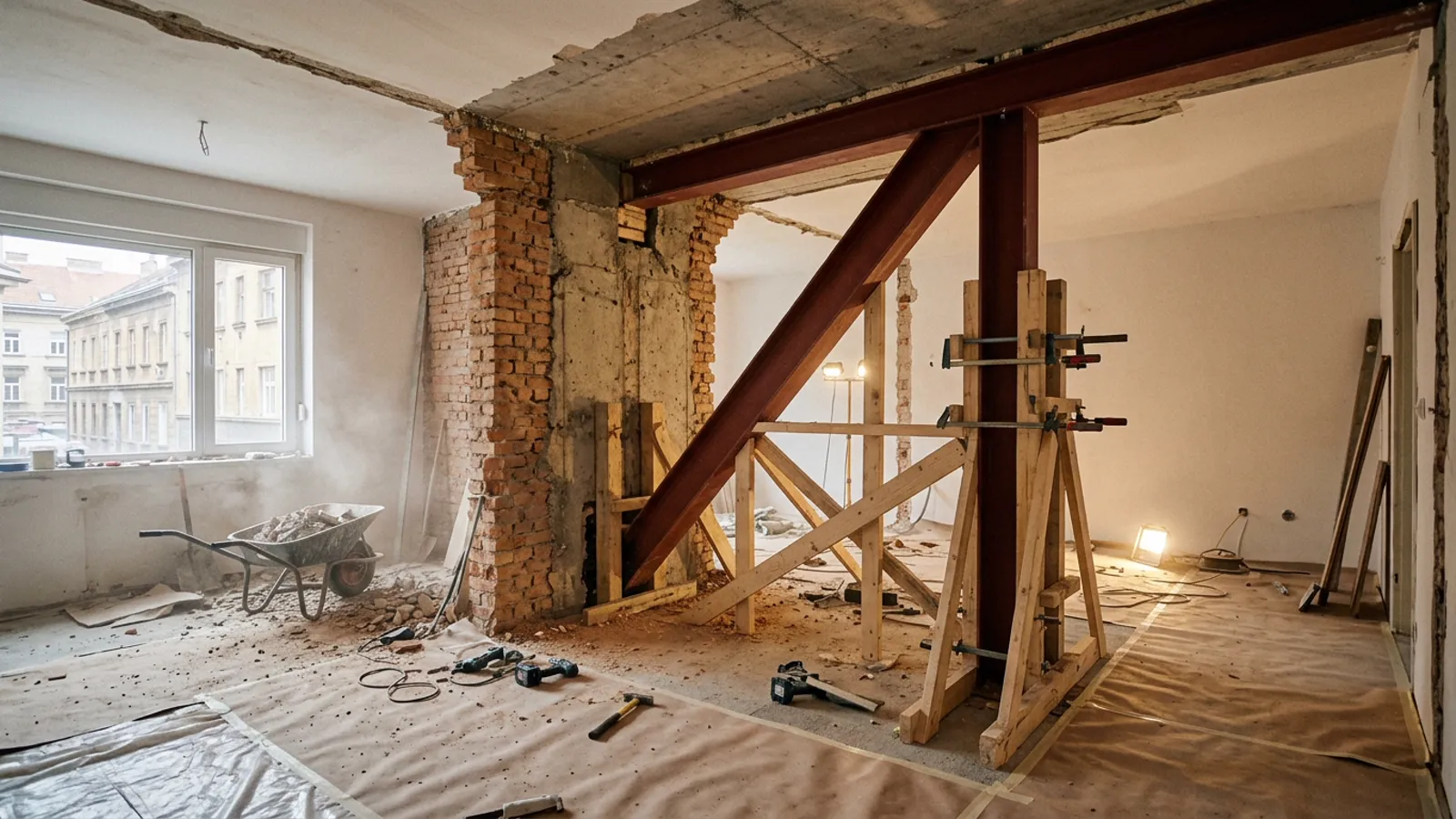 Red steel I-beam structural bracing installed during apartment load-bearing wall removal in Croatia