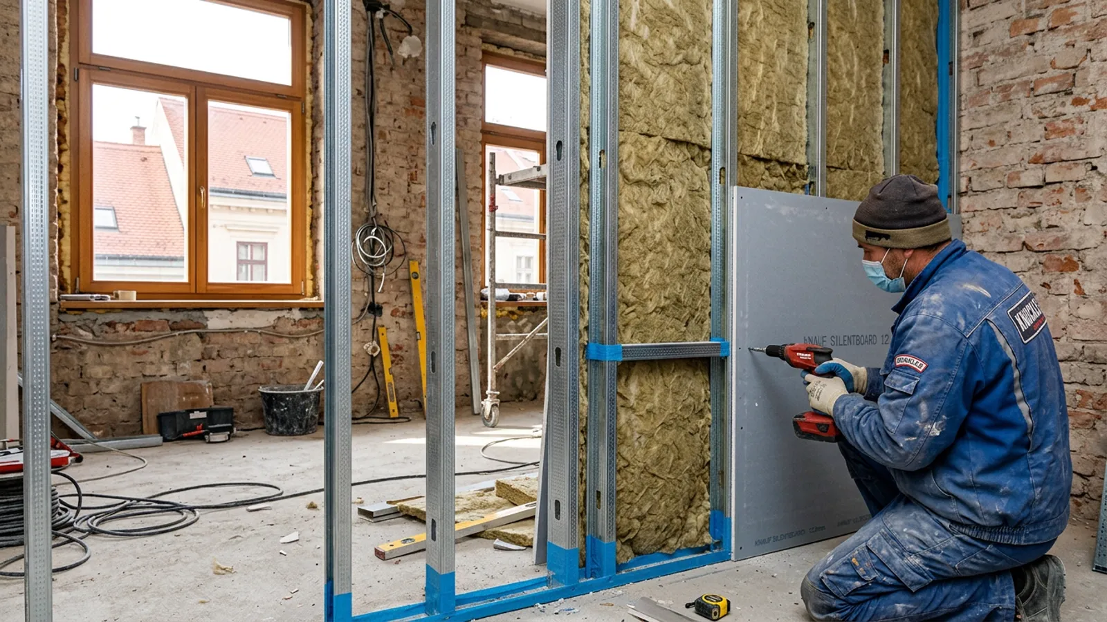 Apartment soundproofing Croatia — installation of a decoupled acoustic stud wall with mineral wool during an apartment…