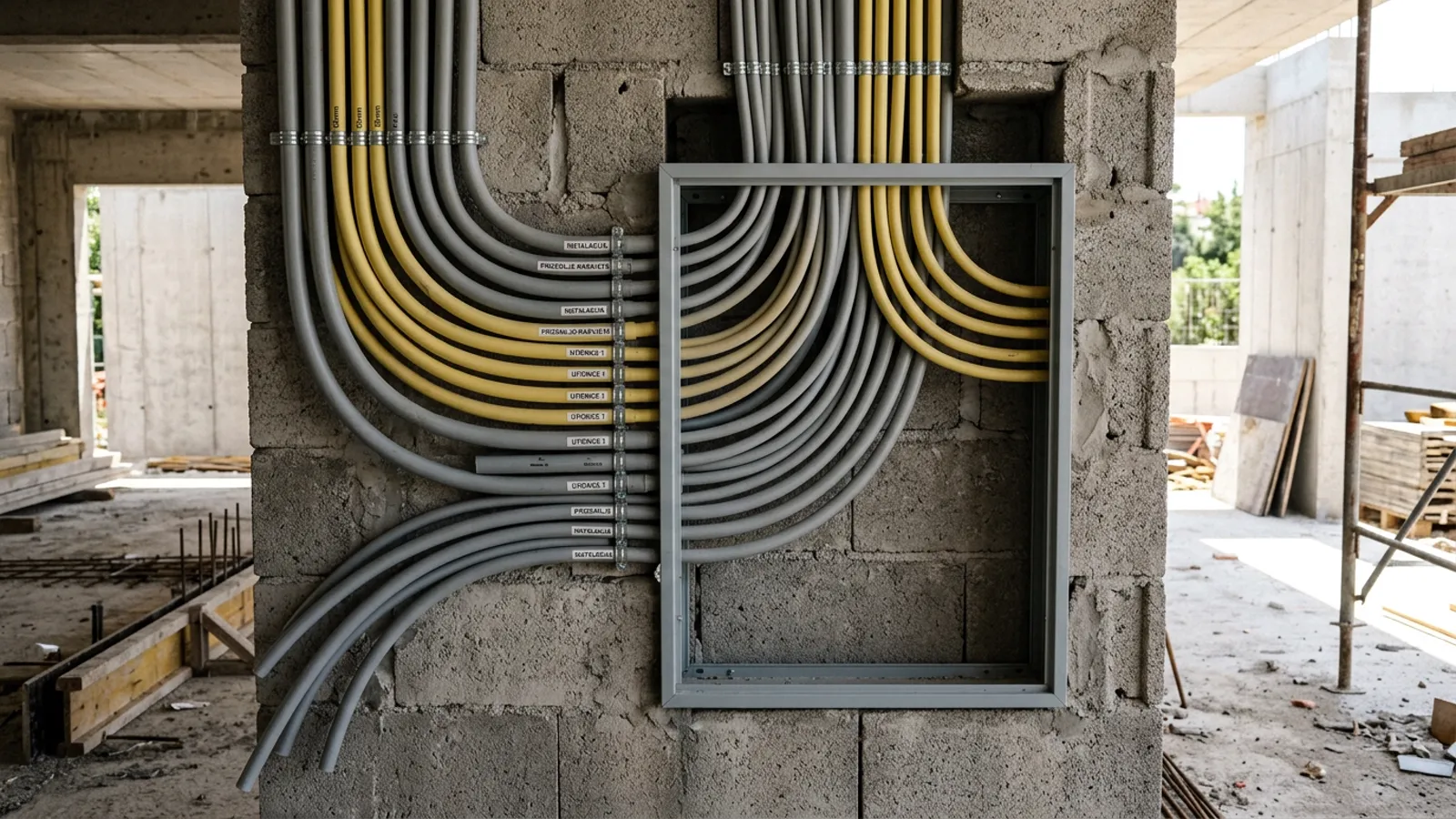 Solar PV ready house construction Croatia — thick empty electrical conduits and a large distribution board recess in a raw…