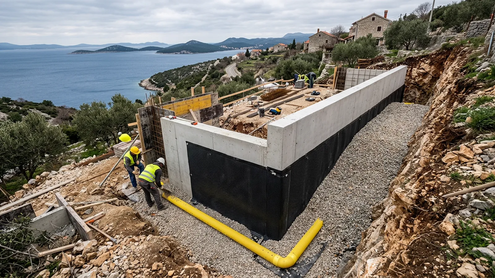 Retaining wall drainage house construction — retaining wall construction on a sloped Croatian coastal plot with a clean…
