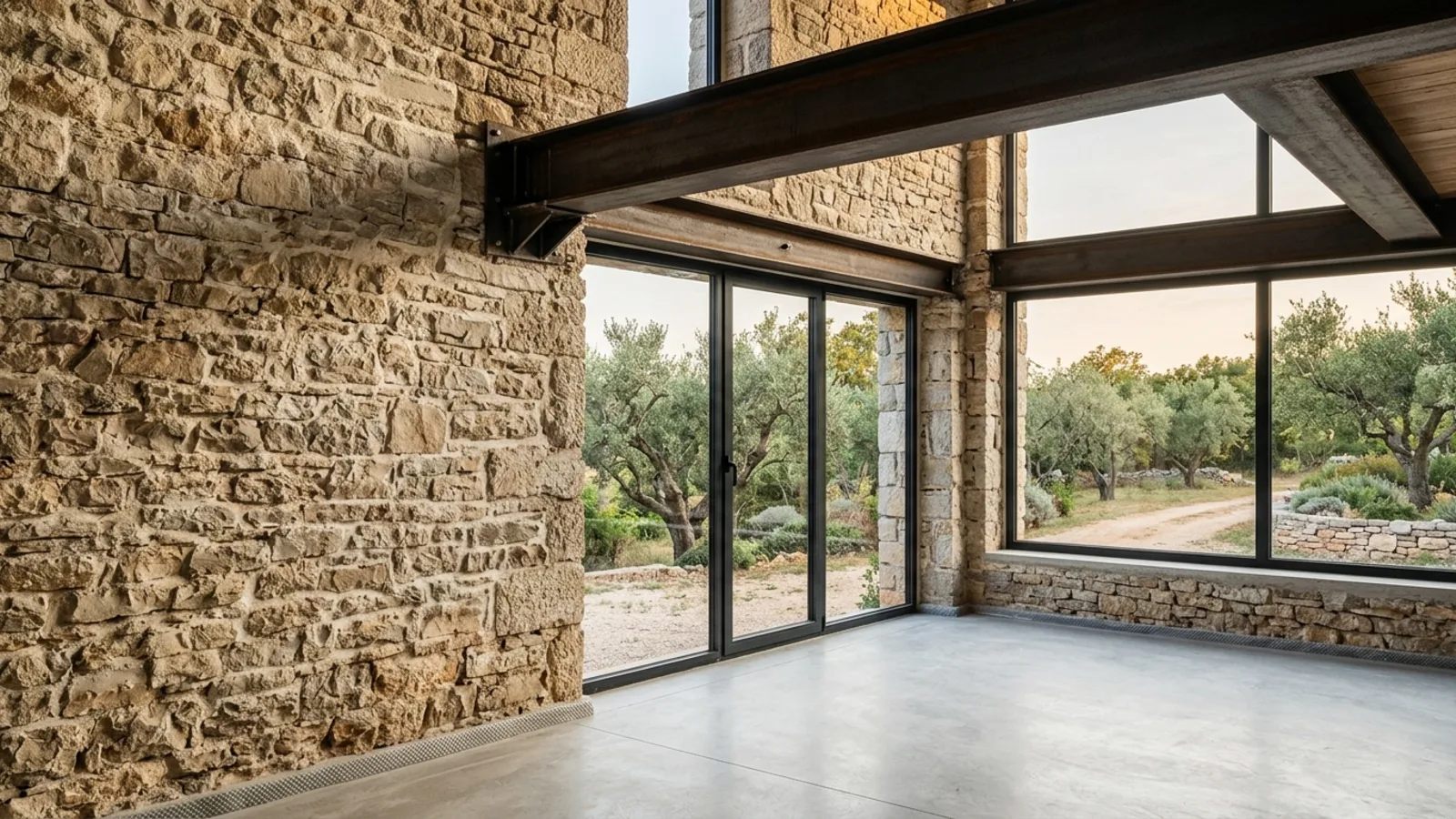 Istrian stone house renovation with preserved stone wall and modern structural details