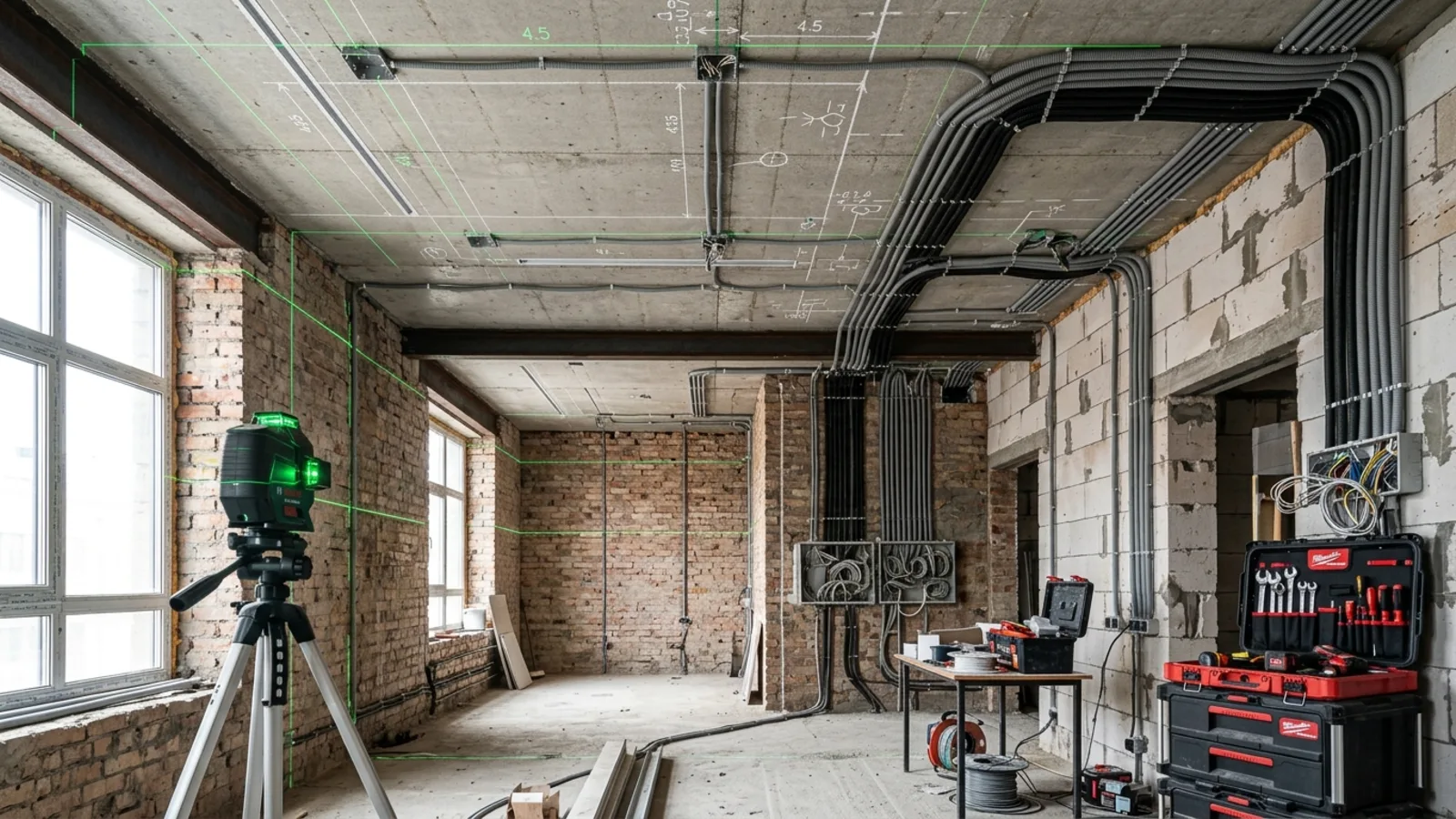 Electrical and lighting layout planned before plastering during interior renovation
