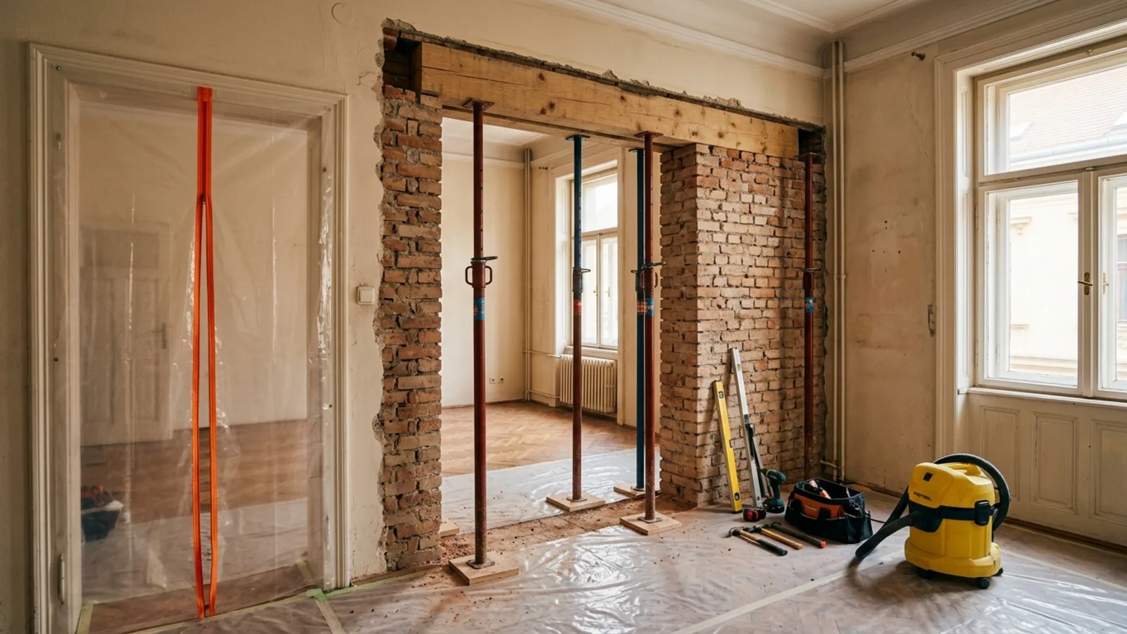 Old apartment renovation in Croatia with a carefully opened wall and protected work area