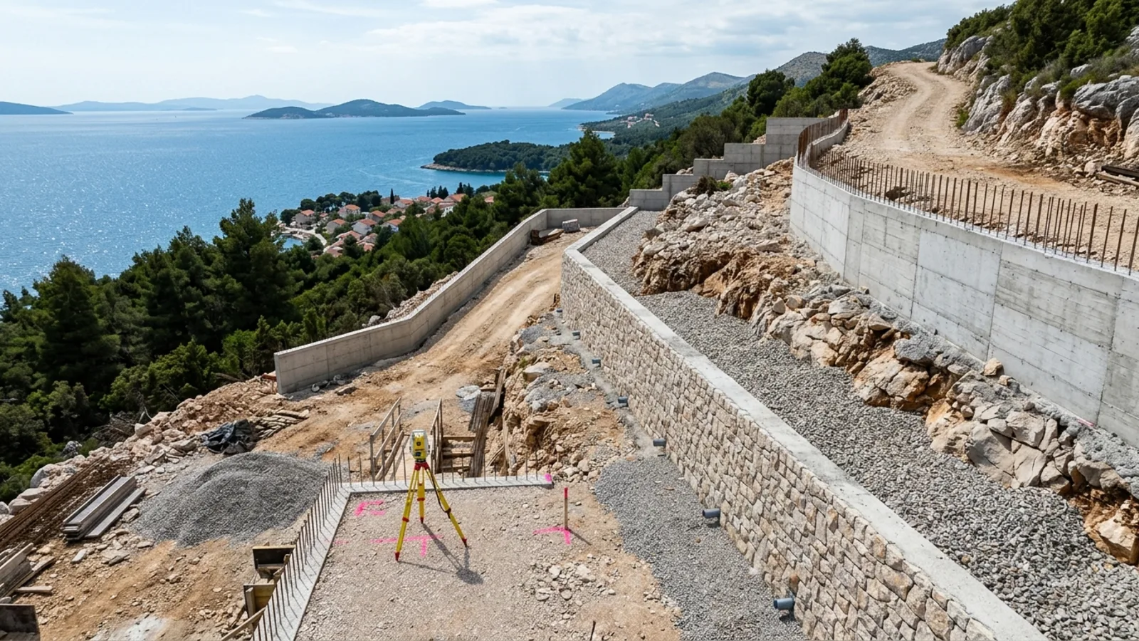 Croatian coastal hillside plot prepared for house construction with drainage and retaining wall planning