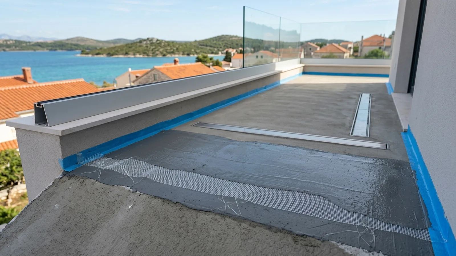 Terrace waterproofing in Croatia with membrane layers, drain detail and prepared tile substrate