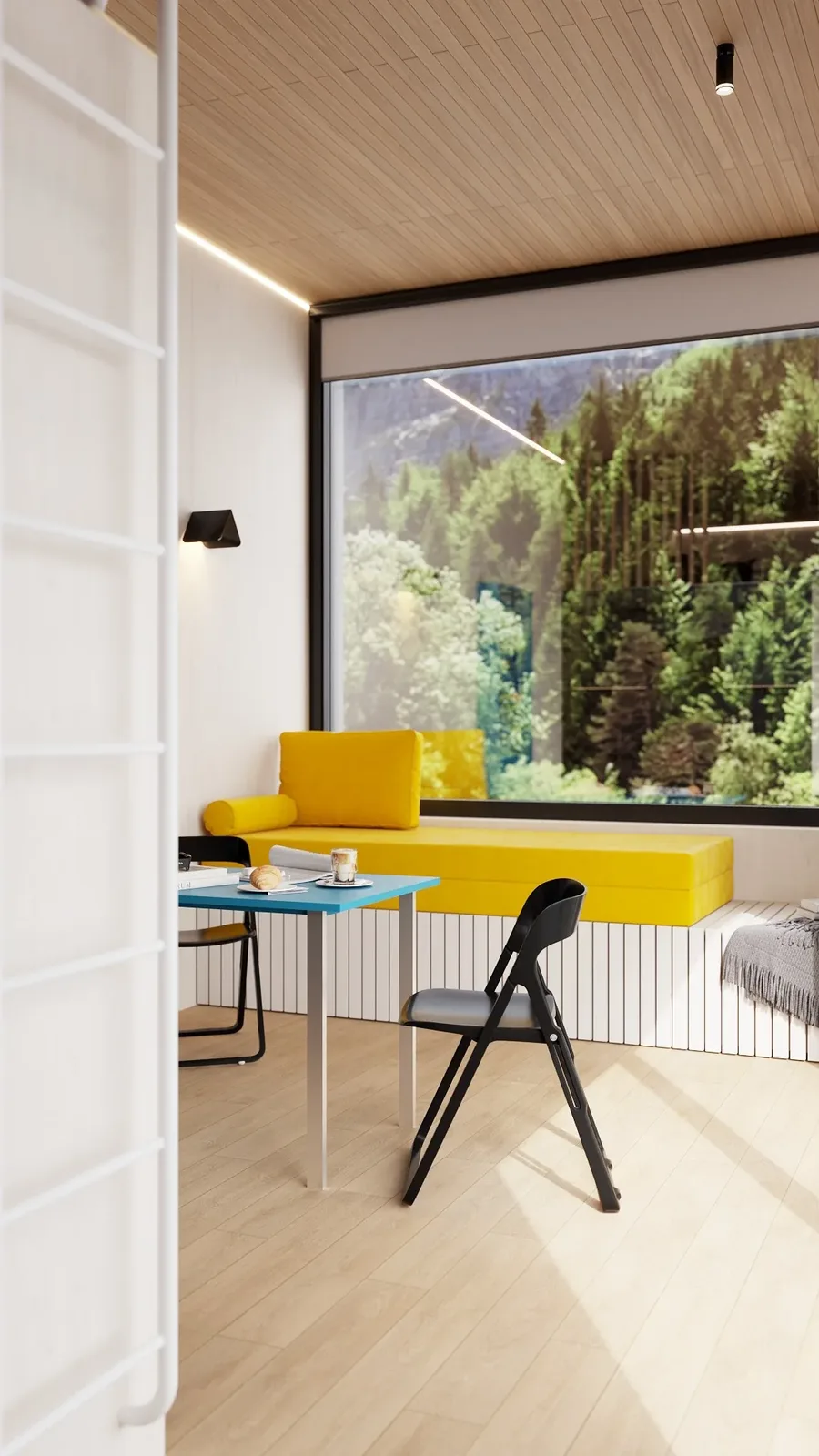 Dovršen dnevni boravak modularne kuće s panoramskom staklenom stijenom i ugradbenom klupom