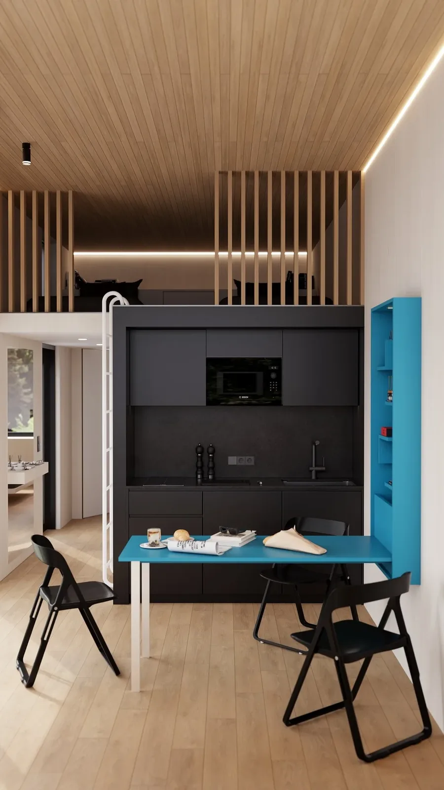 Kompaktna kuhinja modularne kuće s integriranim aparatima ispod galerije