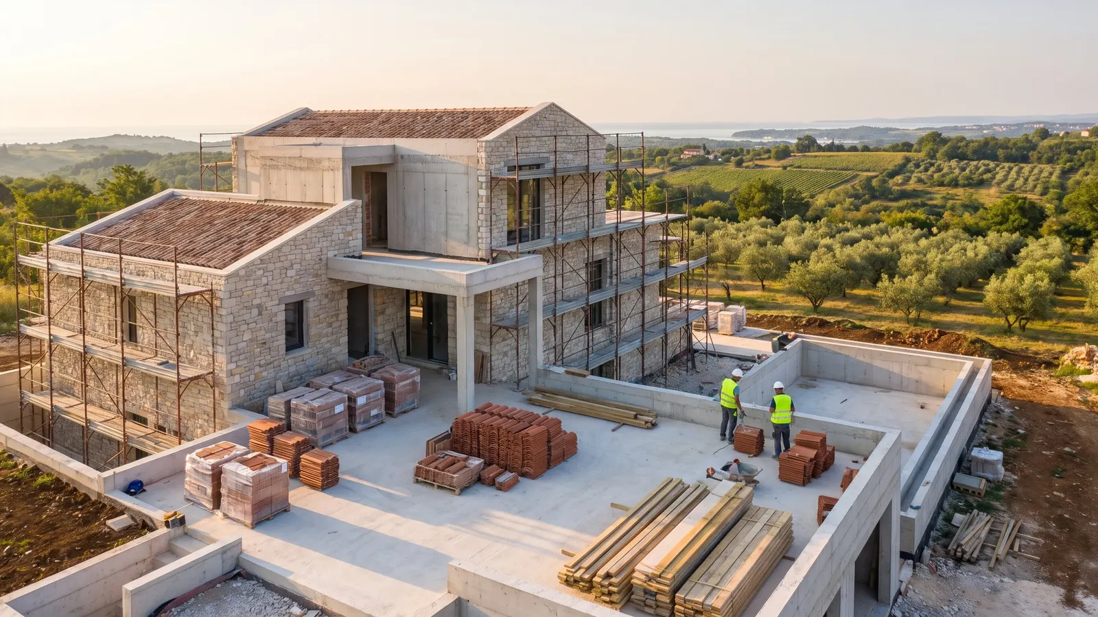 House construction in Croatia with organized site works and a villa shell